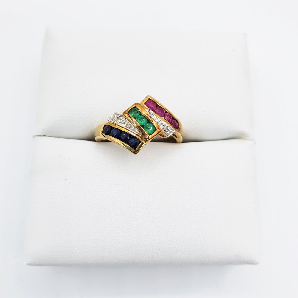 Round Cut Ruby Sapphire Emerald & Diamond Wave 9k Yellow Gold Ring - Size 7 NIB